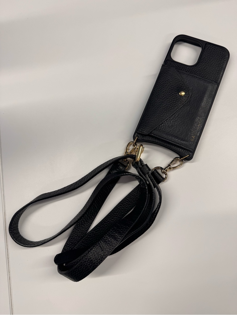 Bandolier Blk Leather Phone Crossbody Case w/Card Pocket & Strap iPhone 13 Pro M